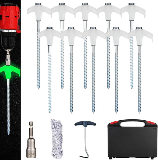 10PCS Camping Tent Stakes Heavy Duty,8 Inch Screw in Tent Stakes Heavy Duty,Nightglow Metal Tent Stakes,with Hex Head Driver,Nail Lifter,Ropes,White
