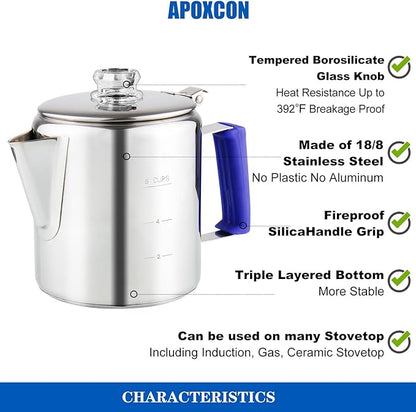 Multi Use Percolator Coffee Pot Stainless Steel Stove Top Coffee Maker with Two Tough Borosilicate Glass Knob Silica Handle Camping Coffee Pot Using on Campfire Stove & Induction Cooker Silver 6 Cup