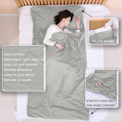 100% Cotton Sleeping Bag Liner with Full Length Zipper on 3 Sides; Single/Double Adult Sleep Sack for Travel & Camping, Multifunctional Travel Sheets (Unzipped 87”x87”) for Hotel, Lightweight
