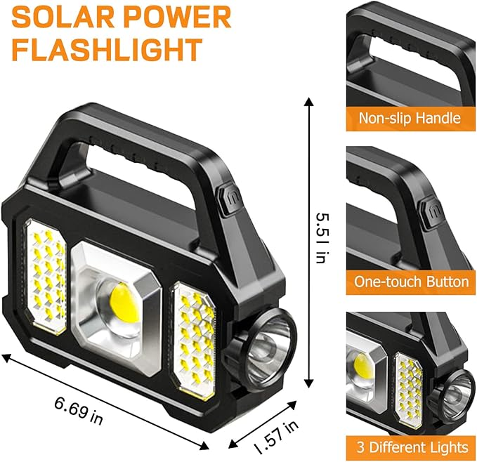 Solar Handheld Flashlight with USB Cable, 6 Modes Rechargeable Multifunction Lights Super Bright LED Searchlight, Lightweight Waterproof Portable Spotlight for Fishing Outdoor Camping Emergencies