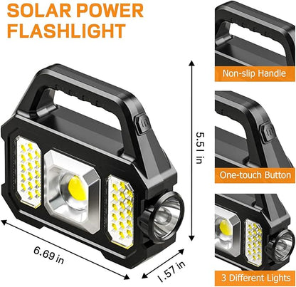 Solar Handheld Flashlight with USB Cable, 6 Modes Rechargeable Multifunction Lights Super Bright LED Searchlight, Lightweight Waterproof Portable Spotlight for Fishing Outdoor Camping Emergencies