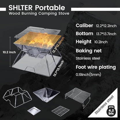 Camping Grill, Camping Cooking, Collapsible Fire Pit, Camp Fire Grills for Traveling, Camping, Picnicking, Cooking at the beach, By SHELTER