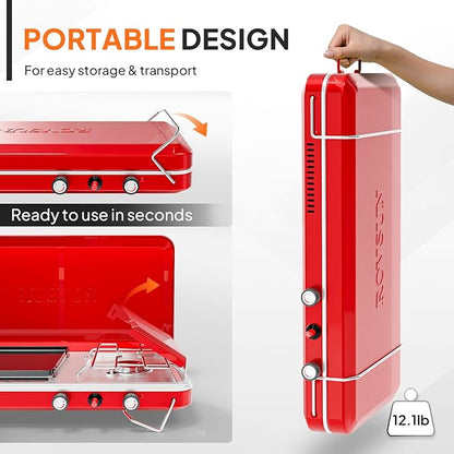 ROVSUN 2-in-1 Portable Camping Stove & Propane Grill with Enamel Griddle & Piezo Igniter, Tabletop Camp Stove with Built-in Handle, Wind Panel & Regulator for Camping, Tailgating, Grilling (Red)