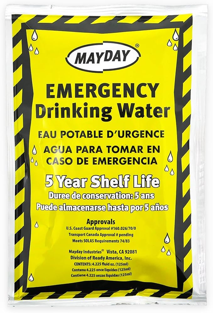 Mayday Pouch Water, Coast Guard Emergency Water, 5-Year Shelf LIfe, Disaster Preparedness Supplies for, Earthquake, Fire, Flood, Leak-Proof Pouches, 4.225 Oz/125Ml 50 Pack