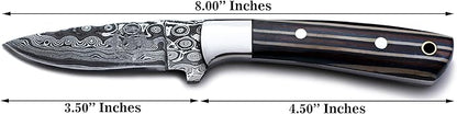 Handmade Damascus Steel Knife for Hunting,Survival,Camping,Bushcraft,and Fishing,Fixed Blade with Drop Point Full Tang Micarta Handle, Leather Sheath - WKD-808