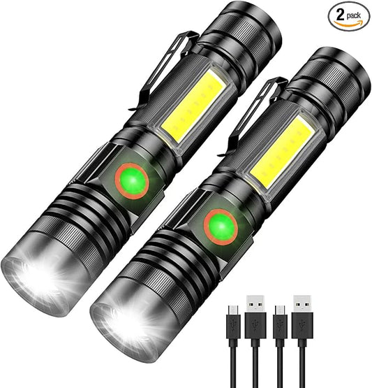 Small Flashlight Rechargeable, Magnetic LED Flashlight, 1000 Lumens Super Bright Flashlight with COB Work Light, 4 Modes, Waterproof, Zoomable Pocket Tactical Flashlights for Camping Emergency 2 Pack