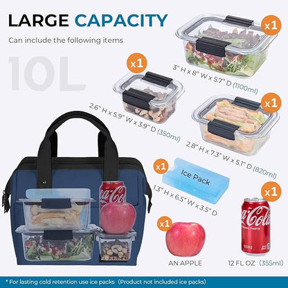 ECHSRT Large Insulated Lunch Bag for Women Men Leakproof Cooler Lunch Tote Bags for Work Travel Adult Thermal Lunchbox for Office -10L Blue