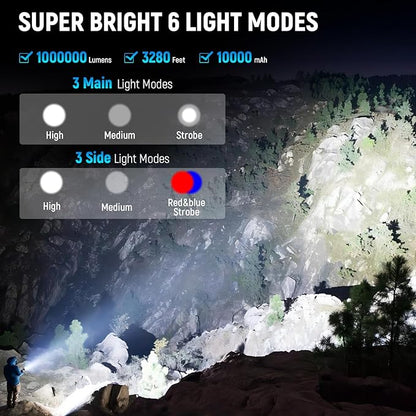 Rechargeable Spotlight, Handheld Super Bright Flashlight 1000000 High Lumens with Foldable Tripod,6 Modes and 4 Colors, Waterproof IPX6 Searchlight for Camping Fishing Hunting, USB Output