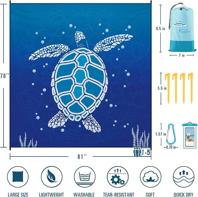 Beach Blanket Sandproof Waterproof 78''×81'' 1-5 Adults Oversized,Compact Lightweight Durable Beach Mat for Travel Camping Hiking Picnic Blanket