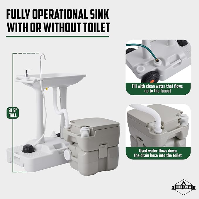 Hike Crew XL Portable Camping Sink & Toilet | Extra Large Washing Station with 8 Gal Capacity, Hands-Free Foot Pump, Faucet, Soap Dispenser & Towel Rack | Includes Travel Toilet with 5 Gal Waste Tank