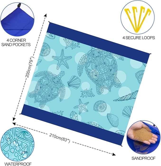 Beach Blanket Waterproof Sandproof Beach Mat Oversized 79" X 83" with 4 Stakes for 2-8 Adults, Soft and Durable, Sand Free, Light Weight, Perfect for Beach Travel Camping Outdoor Hiking