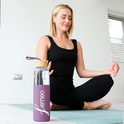 Femeo® Glass Water Bottle for Women | Eco, Yoga & Gym Friendly, 18oz | 100% Leakproof, BPA-Free, Dishwasher Safe, Borosilicate Drinking Glass Bamboo Sports Cap Purple