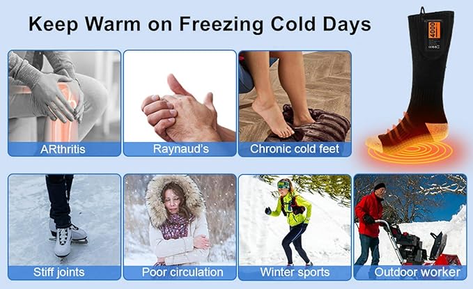 Heated Socks for Men Women, 4000mAh Rechargeable Battery Heat Insulated Sox, Winter Washable Thermal Socks Foot Warmer for Outdoor Camping Skiing Fishing Hunting Winter Sports