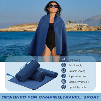 2 Pack Microfiber Beach Towel Large Travel Towel 60 x 30 Inch Quick Dry Swimming Towel Absorbent Ultra Compact Lightweight Camping Towel for Gym, Hiking, Pool, Yoga