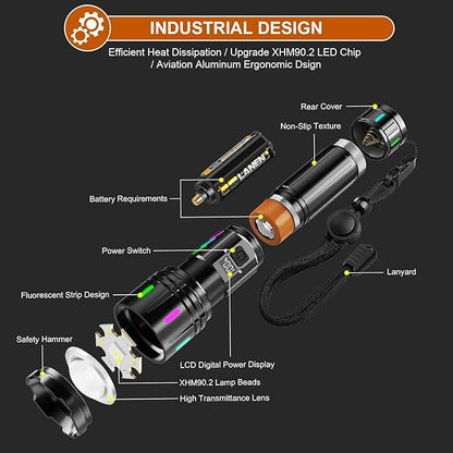 Flashlights High Lumens, Sunitact Flashlight LED Rechargeable, 980000 Lumens XHM90.2 Super Bright Flashlight, Flash Light Battery Powered, Powerful Handheld Flashlight for Home Emergency Hiking Gift