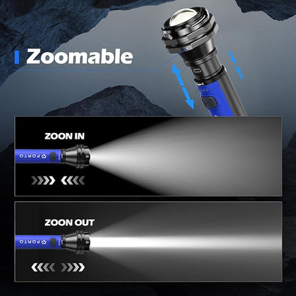 FORTO Flashlight 100000 High Lumens,Super Bright LED Rechargeable Flashlight,Zoomable,Waterproof,4 Modes Flash Light with Side Lights,Handheld Flashlights for Camping,Hiking,Emergency,Home,Blue