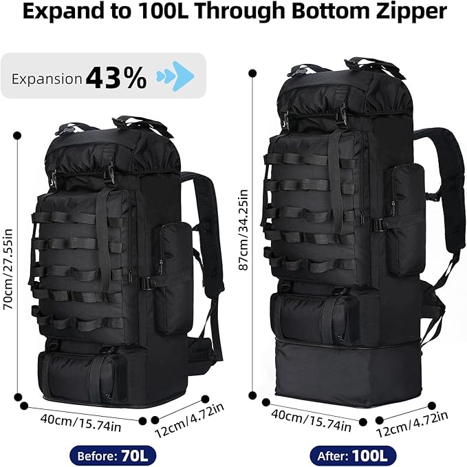 70L/100L Hiking Backpack, Large Camping Backpack with Rain Cover, Waterptoof Military Tactical Backpack, Molle Racksack Backpacking Daypack