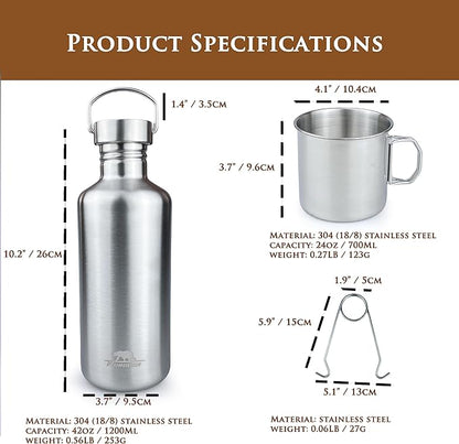 Canteen 42oz Single Wall Water Bottle with 24oz Nested Camping Cup and Carrier Bag, Stainless Steel, Bushcraft Gear, Wide Mouth Water Bottle, Survival Gear, Water Boiler, Self Reliance