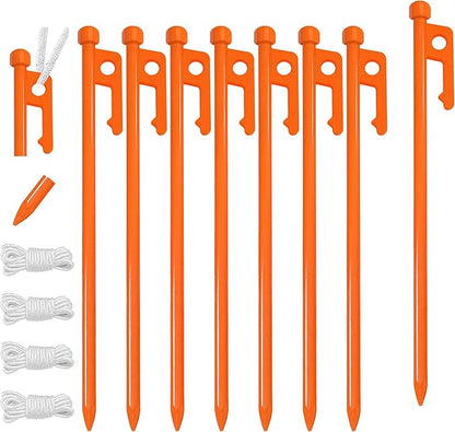 Eurmax USA 10 inch Multiuse Heavy Duty Steel Tent Stakes Tarp Pegs Camping Stakes for Outdoor Camping Canopy and tarp with 4 Ropes 10FT Length,8pcs(Orange)