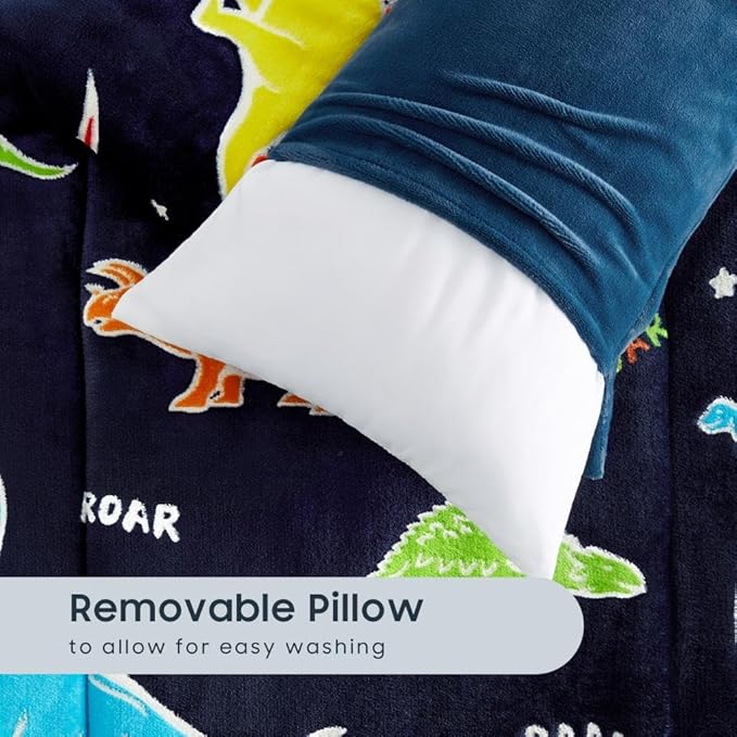 Wake In Cloud - Glow in the Dark Sleeping Bag with Pillow, Fleece Nap Mat for Toddler Kids Boys Girls, Winter Cold Weather Daycare Kindergarten Sleepover Travel Camping, Colorful Dinosaur on Dark Navy