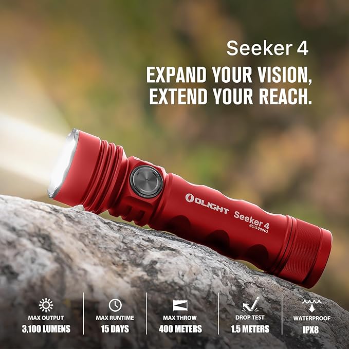 OLIGHT Seeker 4 Rechargeable Bright Flashlights, 3100 High Lumens USB-C Charging Flashlight, 400 Meters Powerful LED Long Rage Flashlight for Emergency, Camping, and Law Enforcement (Red)