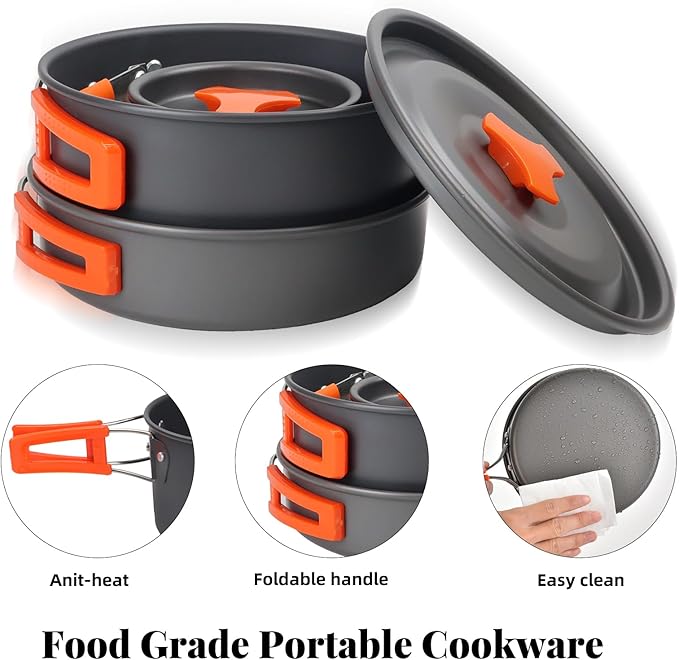 Camping Essentials Cookware Cooking Set, Camping Pots and Pans Set for Backpacking Gear, Car Camping Mess Kit for Camping Stove, Camp Kitchen with Camping Kettle, Pour Over Coffee Dripper