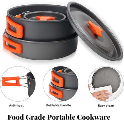 Camping Essentials Cookware Cooking Set, Camping Pots and Pans Set for Backpacking Gear, Car Camping Mess Kit for Camping Stove, Camp Kitchen with Camping Kettle, Pour Over Coffee Dripper