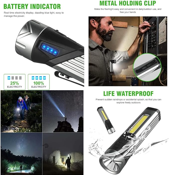Rechargeable Mag Lights Flashlight Emergency Camping Flashlight 90 Degree, 90 Degree Mini Flashlight Ip65 Waterproof, Clip on Flashlight COB Work Light Outdoor, Hiking.