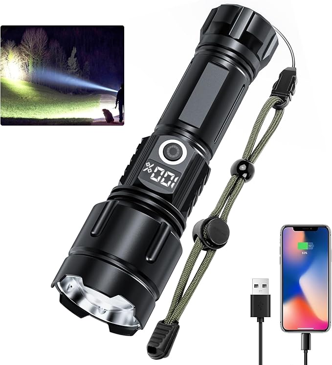 Flashlights High Lumens Rechargeable, 20,000 Lumens Super Bright Flashlight with LCD Digital Display, Zoom, 5 Modes, Waterproof, Type-C Rechargeable, Tactical Flashlight for Emergencies, Camping