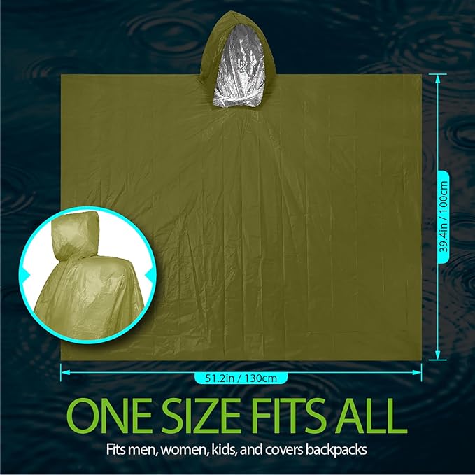 FosPower Emergency Rain Poncho [4 Pack] [Retains 90% Body Heat] Reusable Weather Resistant Raincoat for Men, Women, Adults, Camping, Hiking, Emergency Supplies & Survival Kits (Green)