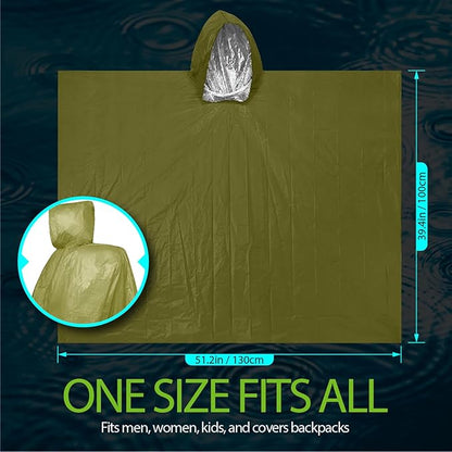 FosPower Emergency Rain Poncho [4 Pack] [Retains 90% Body Heat] Reusable Weather Resistant Raincoat for Men, Women, Adults, Camping, Hiking, Emergency Supplies & Survival Kits (Green)