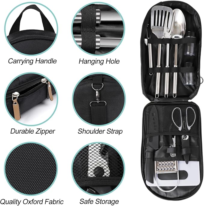 Camping Kitchen Utensil Set Outdoor Kitchen Gear, Outdoor Cooking and Grilling Utensil Travel Set Perfect for Camping Accessories Cooking, RV Camp. Camping, BBQs, Parties and More