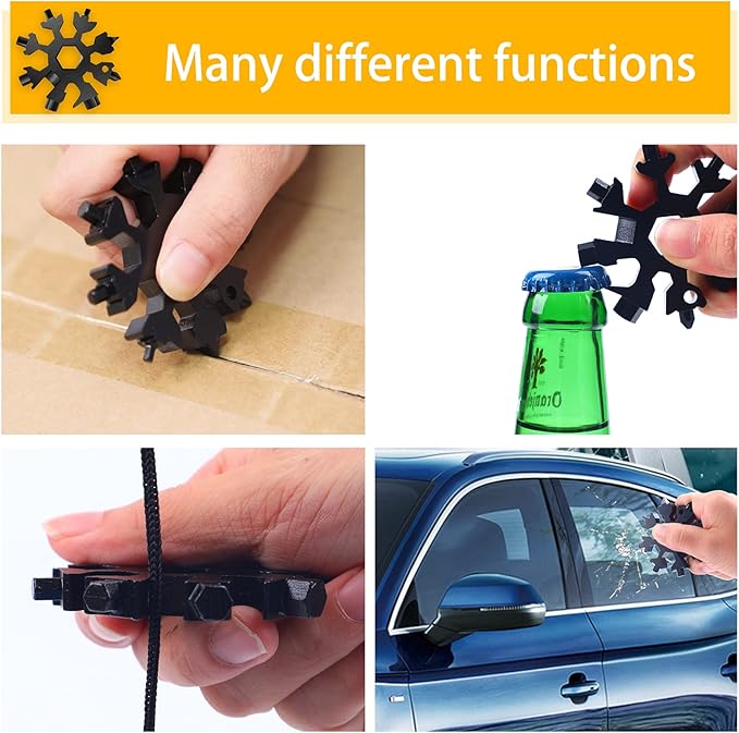 FZENeast Snowflake Multitool, 2 Pcs 18-in-1 Stainless Steel Snowflake Standard Multi-Tool, Snowflake Wrench with Key Ring, Carabiner Clip and Storage Bag (Black)