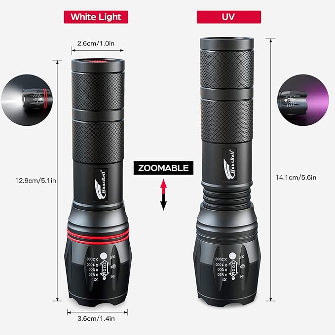 HAUSBELL 365 nm UV Flashlight Black Light Flash Light, Zoomable Blacklight Flashlights with Five Modes for Dog Cat Urine Detection and Emergencies, UV 2 Pack