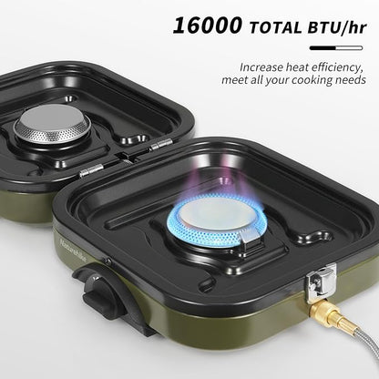 Naturehike Mirage 2 Burner Folding Camping Stove with Griddle, Portable Camp Gas Stove with 16000 BTU, 2 Adjustable Burners & Piezo Ignition, Compatible with Blend Isobutane Fuel