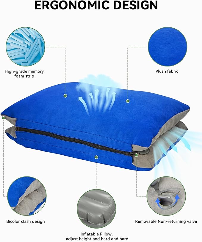 JefDiee Inflatable Camping Pillow with Memory Foam and Washable Cover Camping Gear and Travel Pillow for Airplanes, Camping