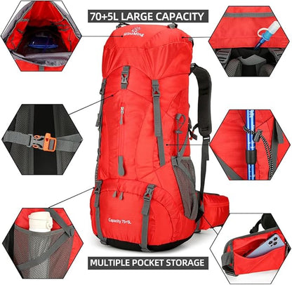 King'sGuard Hiking Backpack for Men and Women 70L+5L Waterproof Lightweight Camping Daypack with Rain Cover for Outdoor Travel Mountaineering - Frameless (Red)
