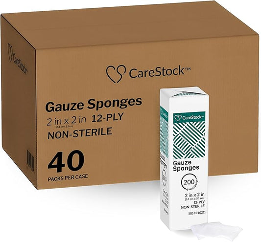 Gauze Sponge 2x2 [8000 Count] Non-Sterile Gauze Pads, 12-Ply, Medical Grade Cotton Wound Dressing for First Aid Kit, 200 Count, Pack of 40