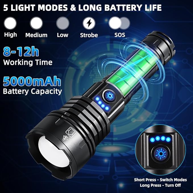 Flashlights High Lumens Rechargeable, 990000LM Super Bright Flashlight, Adjustable Tactical Flashlight, 5Mode Flash Light High Powered, Waterproof LED Flashlight for Camping, Hiking, Home, Emergencies