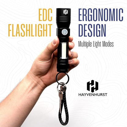 Hayvenhurst LED Flashlight - EDC Flashlight - Tactical Flashlight - 3 in 1 Lightweight, Compact and Rechargeable Pocket Flashlight with Lavish Black Body for Emergency Power Outage