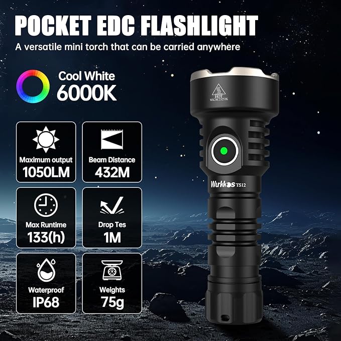 Wurkkos TS12 LED Mini Flashlight Rechargeable, 1050 High Lumens Pocket Flashlight, Super Bright Small LED Flash Light, IP68 Waterproof EDC Torch Light for Camping, Outdoors, Hiking, Emergency, Hunting