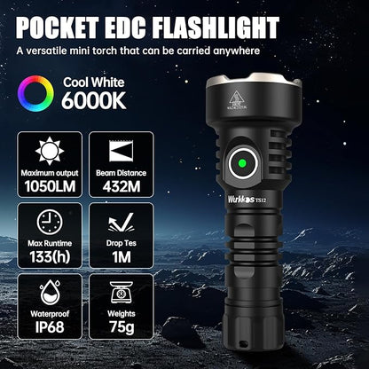 Wurkkos TS12 LED Mini Flashlight Rechargeable, 1050 High Lumens Pocket Flashlight, Super Bright Small LED Flash Light, IP68 Waterproof EDC Torch Light for Camping, Outdoors, Hiking, Emergency, Hunting