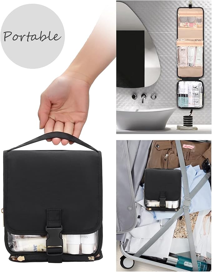 Relavel Travel Toiletry Bag for women with Detachable TSA Approved Toiletry Bag, Compact Hanging toiletry bag with Small Carry On 3-1-1 Clear Waterproof Travel Bags for Toiletries (M Black, A Small)