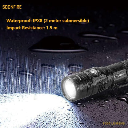 1000 Lumens White LED Flashlight, E USB Rechargeable Waterproof Compact EDC Law Enforcement flashlights (Camping, Emergency Use and Security)