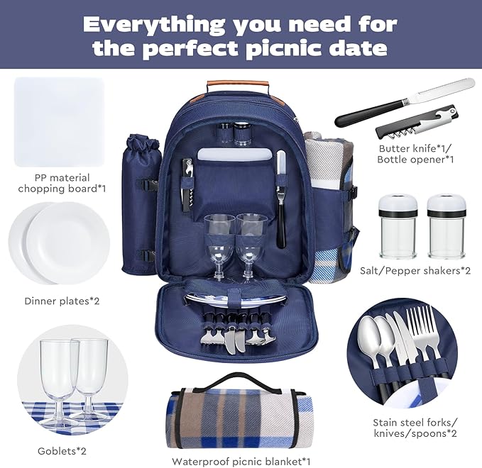 Couple Gifts 22L Picnic Basket Set, Blue Insulated Picnic Backpack for 2, Leak Proof Cooler Camping Gifts, Cool Bridal Shower Gifts Anniversary Engagement Wedding Gifts for Couples, Mr and Mrs Gifts