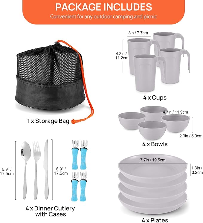Odoland Camping Utensils Consists of Camping Plates and Bowls & Camp Mug Mess Kit for Camping 4 People to Cooking Backpacking Hiking