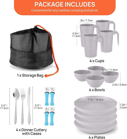 Odoland Camping Utensils Consists of Camping Plates and Bowls & Camp Mug Mess Kit for Camping 4 People to Cooking Backpacking Hiking