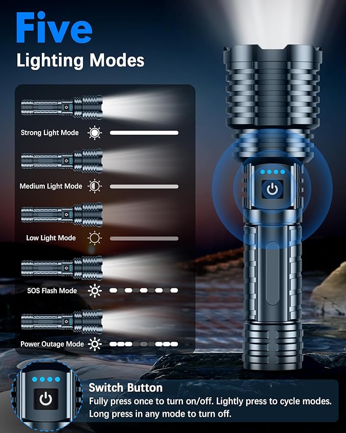 Super Bright Rechargeable LED Flashlights,True 2500000 High Lumens, Powerful Tactical Flashlight Up to 25H Long Battery Life |Zoomable|5Light Modes|IP67 Water Resistant for Camping (Grey)