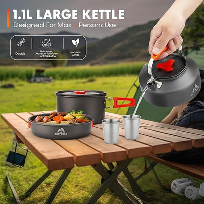 17pcs Camping Cookware Mess Kit, Non-Stick Pot Pan 1.1L Kettle Set with 2 set Stainless Steel Cups Plates Forks Knives Spoons for Hiking,Camping,Backpacking,Outdoor Cooking and Picnic