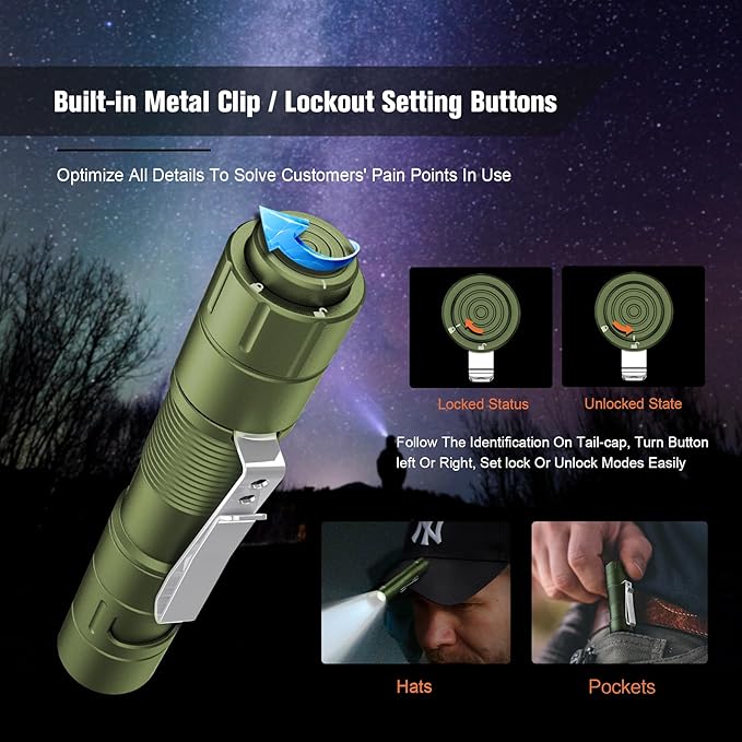 FZH S21 Rechargeable LED Flashlight 880 Lumen Mini EDC Tail Switch Flashlight (Powered by USB Rechargeable Battery), Slim Pocket Flash Light with On/Off Locking Mode for Camping, Outdoor, Emergency